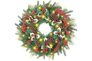 AmyHomie Christmas Wreath, 22" 30 LED Handcrafted Artificial Christmas Wreath with Red Berries for Front Door Outdoor Indoor Home Winter Wall Greenery Hanging Party Christmas Decorations Gifts