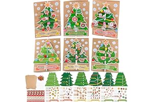 JISFIGTRH 24 Sets Christmas Tree Card Making Kit with 3D Xmas Ornaments Stickers Tree cutouts Tinsel Pom Poms and Paper Straw DIY Handmade Holiday Crafts and Art Supplies for Christmas Home Classroom Parties
