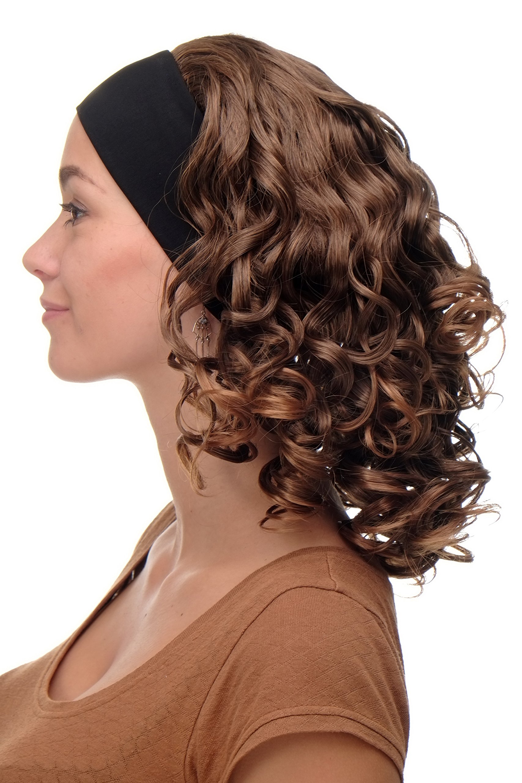 WIG ME UP - BRO-704-6T27 Lady Quality Wig fixed black head band shoulder length very voluminous curled brown blond highlighs streaked