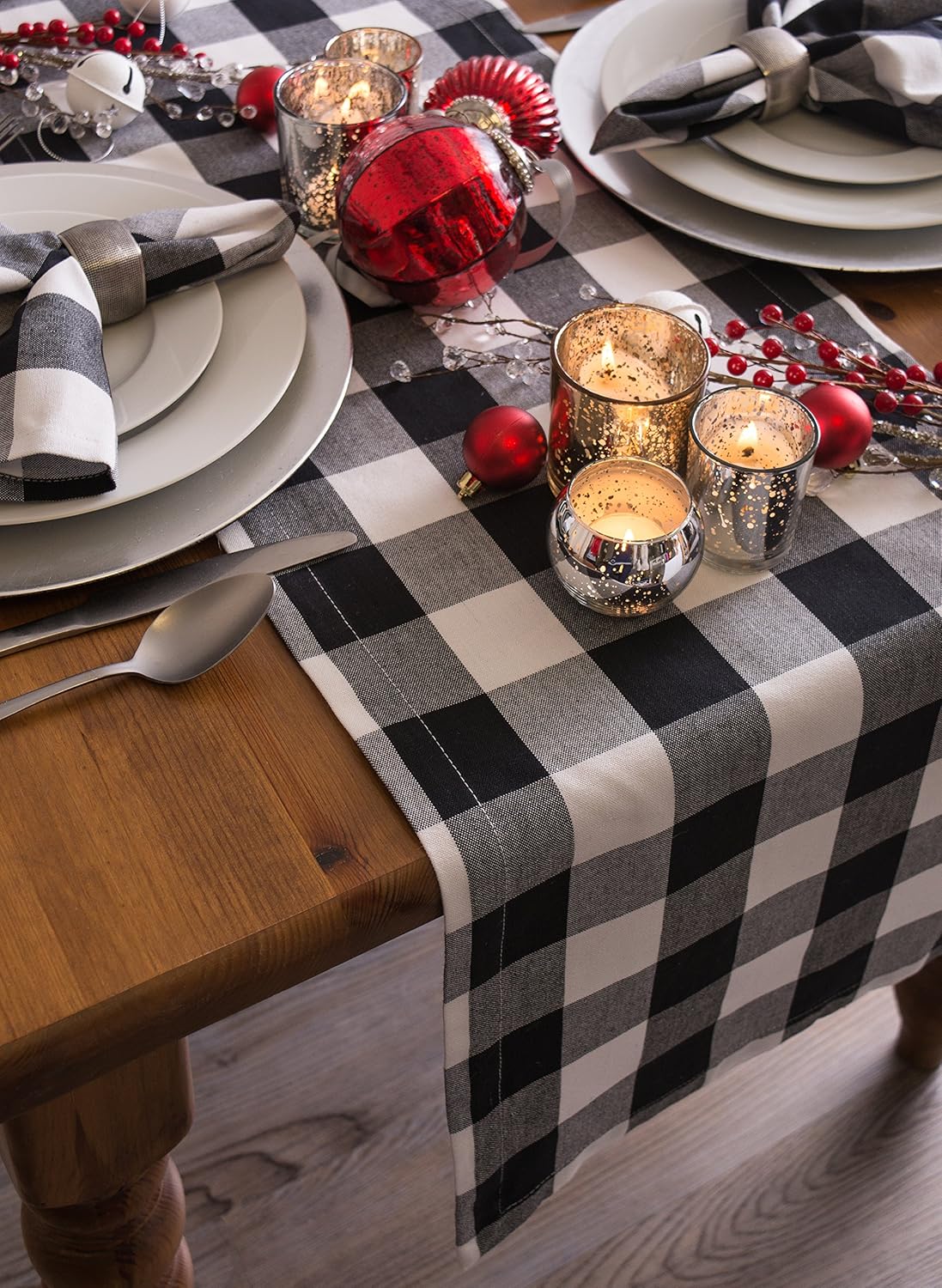 DII Classic Buffalo Check Tabletop Collection for Family Dinners, Special Occasions, Barbeques, Picnics and Everyday Use, 100% Cotton, Machine Washable, Table Runner, 14x72, Black & White: Kitchen & Dining