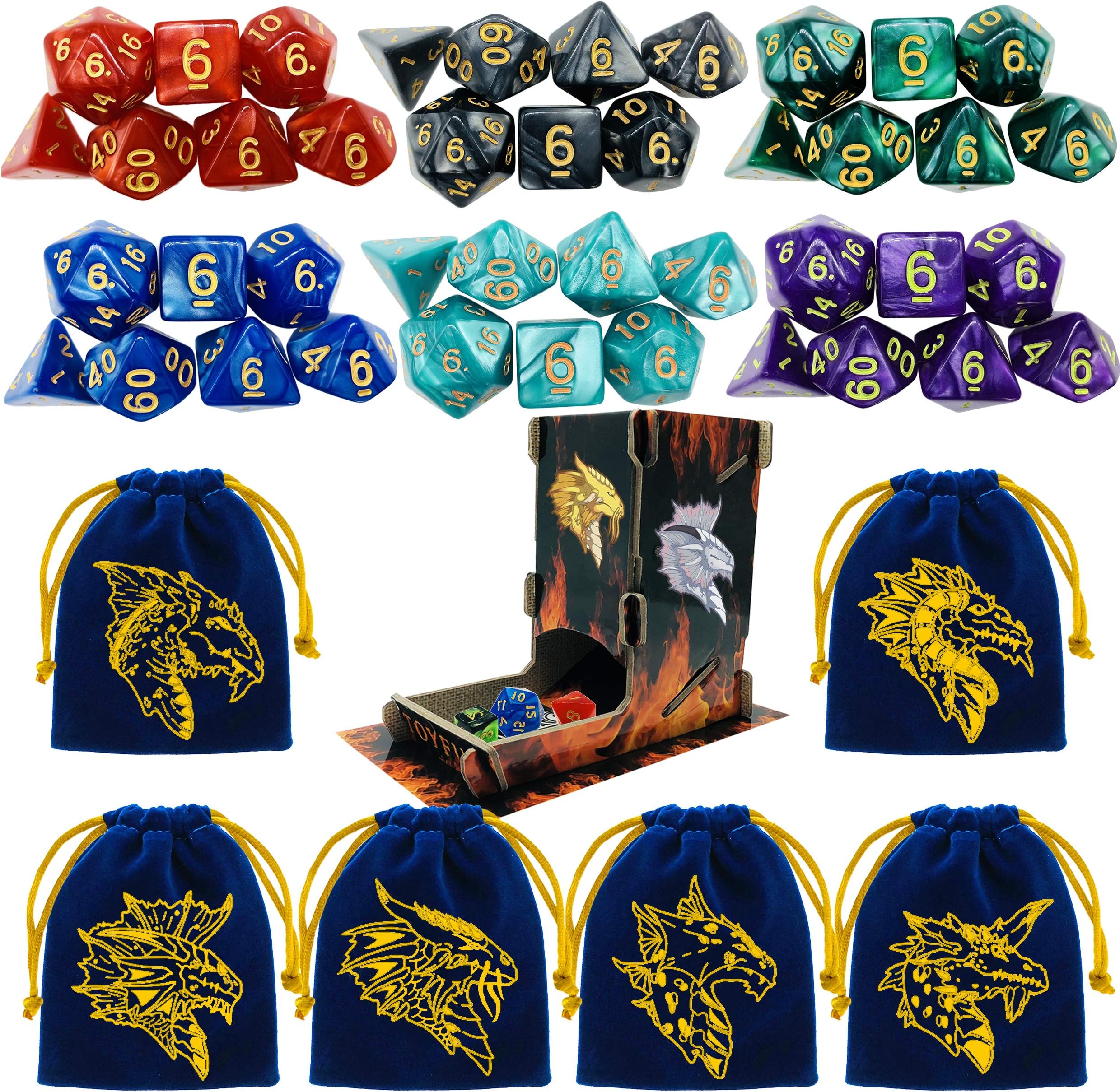 TOYFUL 6 Sets DND Dice Polyhedral Dungeons and Dragons DND RPG MTG Table Game Dice Bulk with Free Six Drawstring Bags and D&D Dice Tower Blue