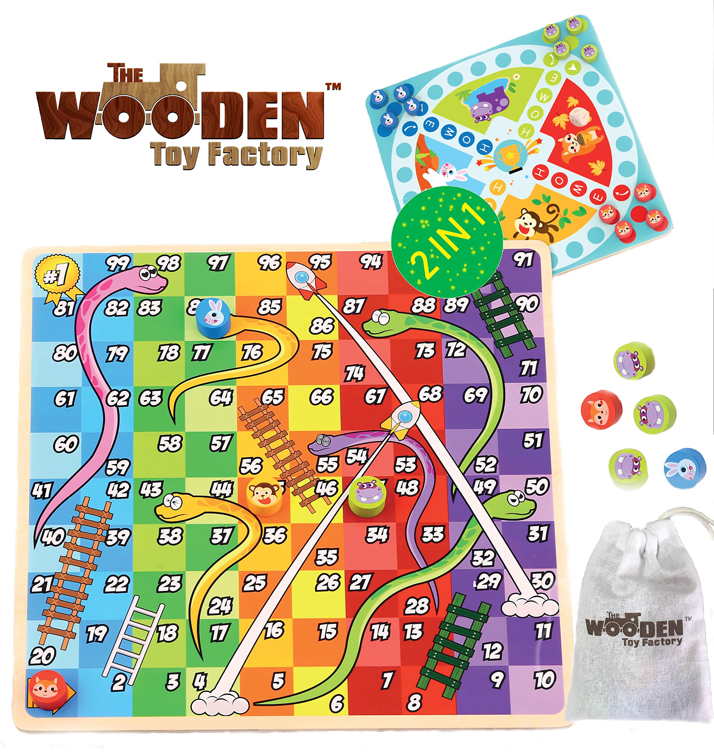 The Wooden Toy Factory - 2 in 1 Board Game - Snakes & Ladders/Home Race (*BONUS*: Includes Storage Bag For Pegs and Dices)
