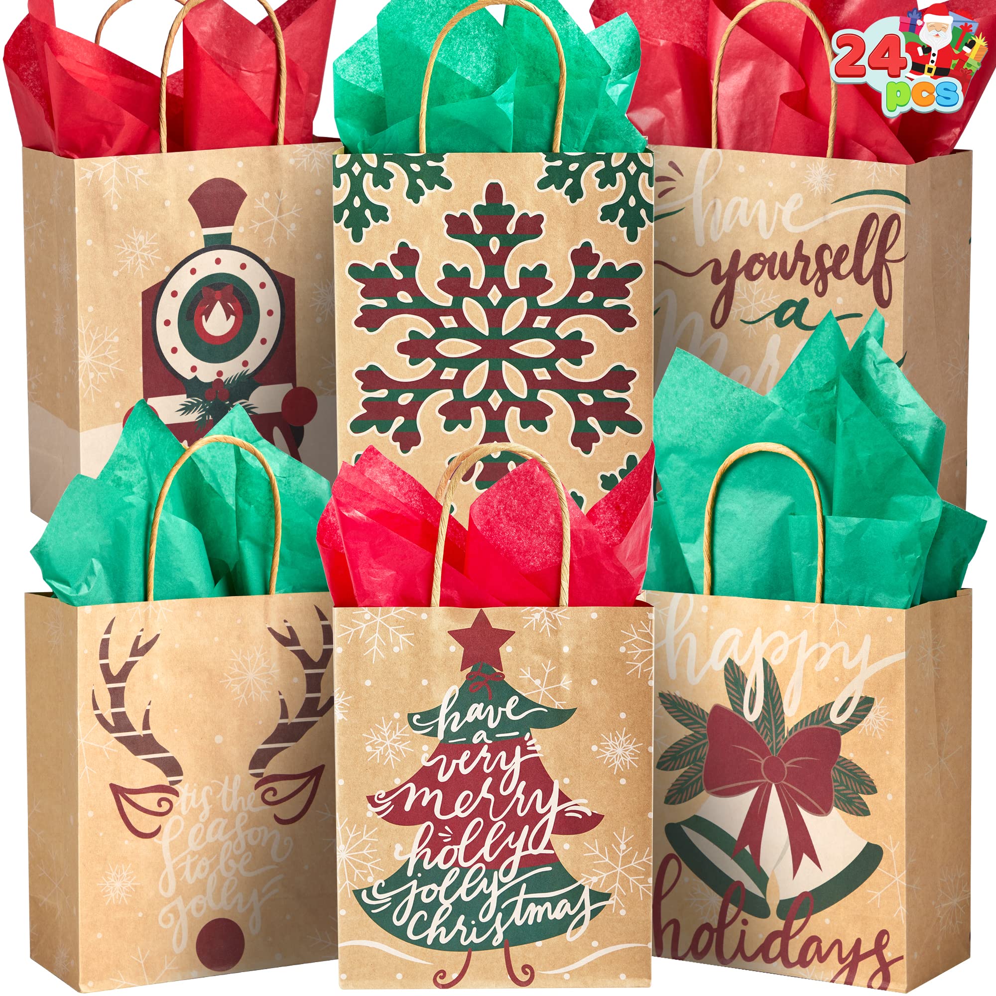 JOYIN 24 PCS Christmas Kraft Bags, Paper Gift Bags with tissue paper for Xmas Party Favors, Goody Gift Bags, Holiday Treat Box and Presents 7.1x8.8x3.3 Inch