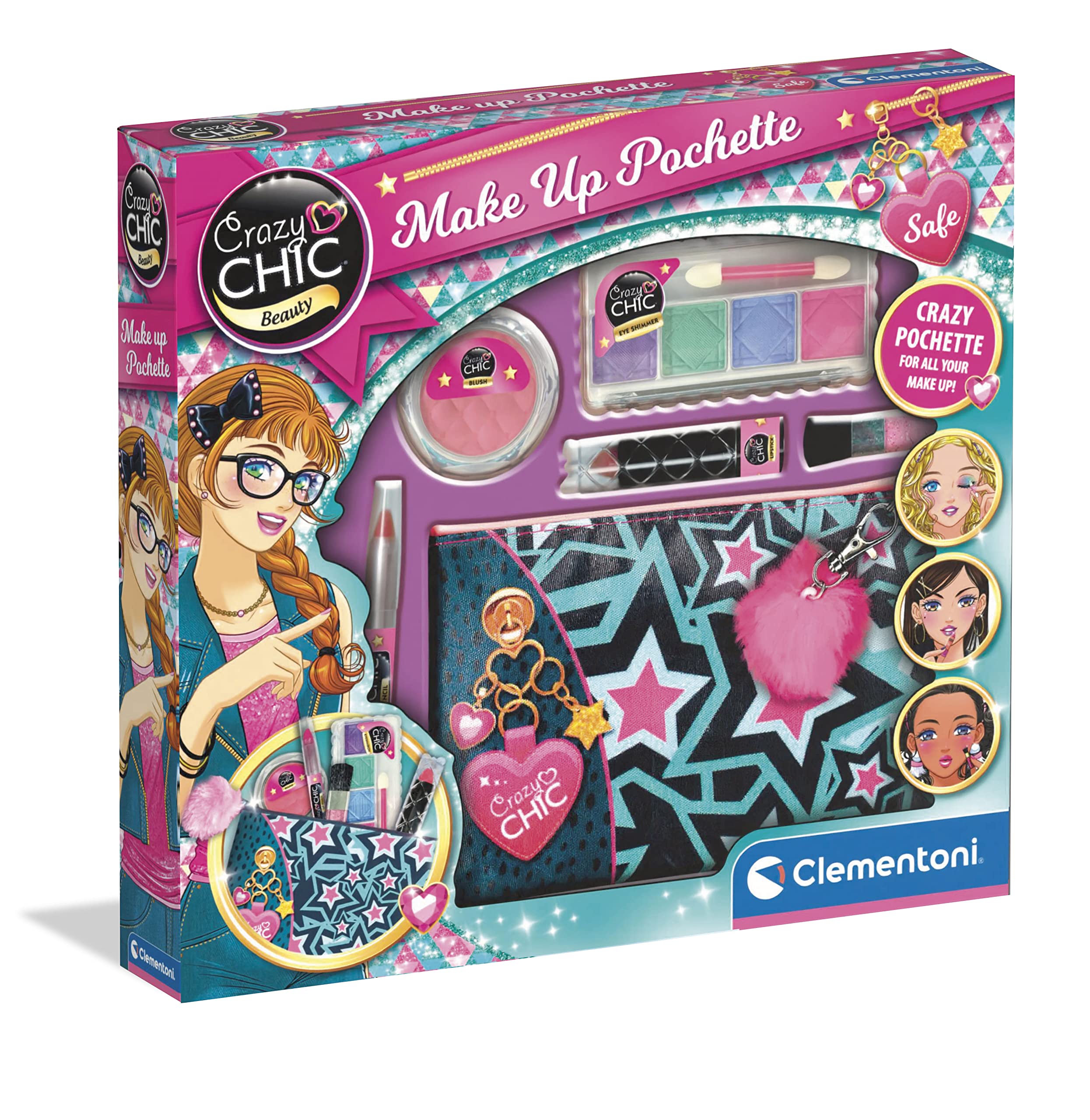 Clementoni - 18697 - Crazy Chic - Make Up Pochette - Children Makeup Sets For Girls, Make Up For Girls Age 6