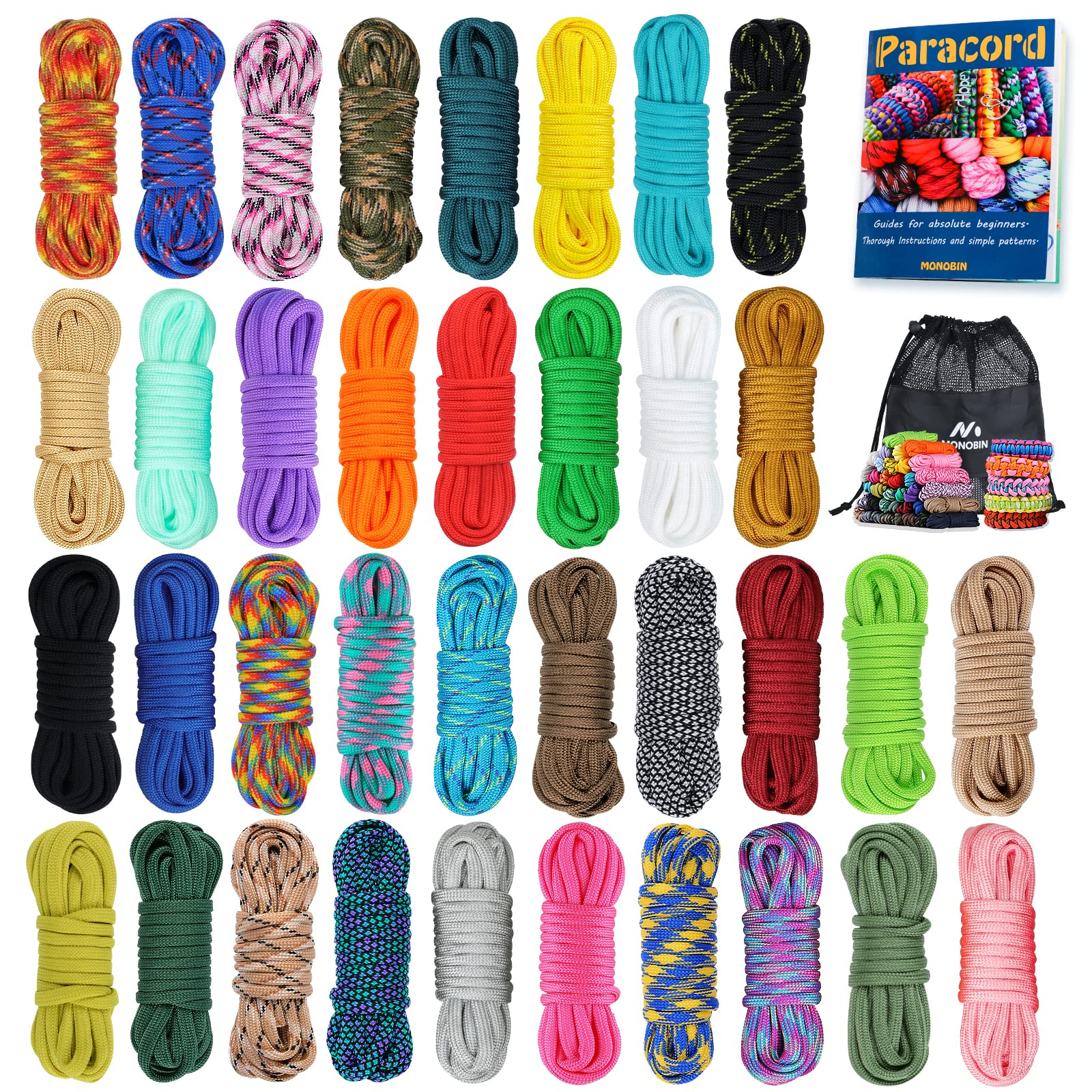 MONOBIN 36 Colors 10ft Paracord 550 Combo kit, Paracord Bracelets Making kit - Multifunction Paracord Rope with Instruction for Making Lanyard, Dog Collar, Idea for Gift (36 Colors-A)