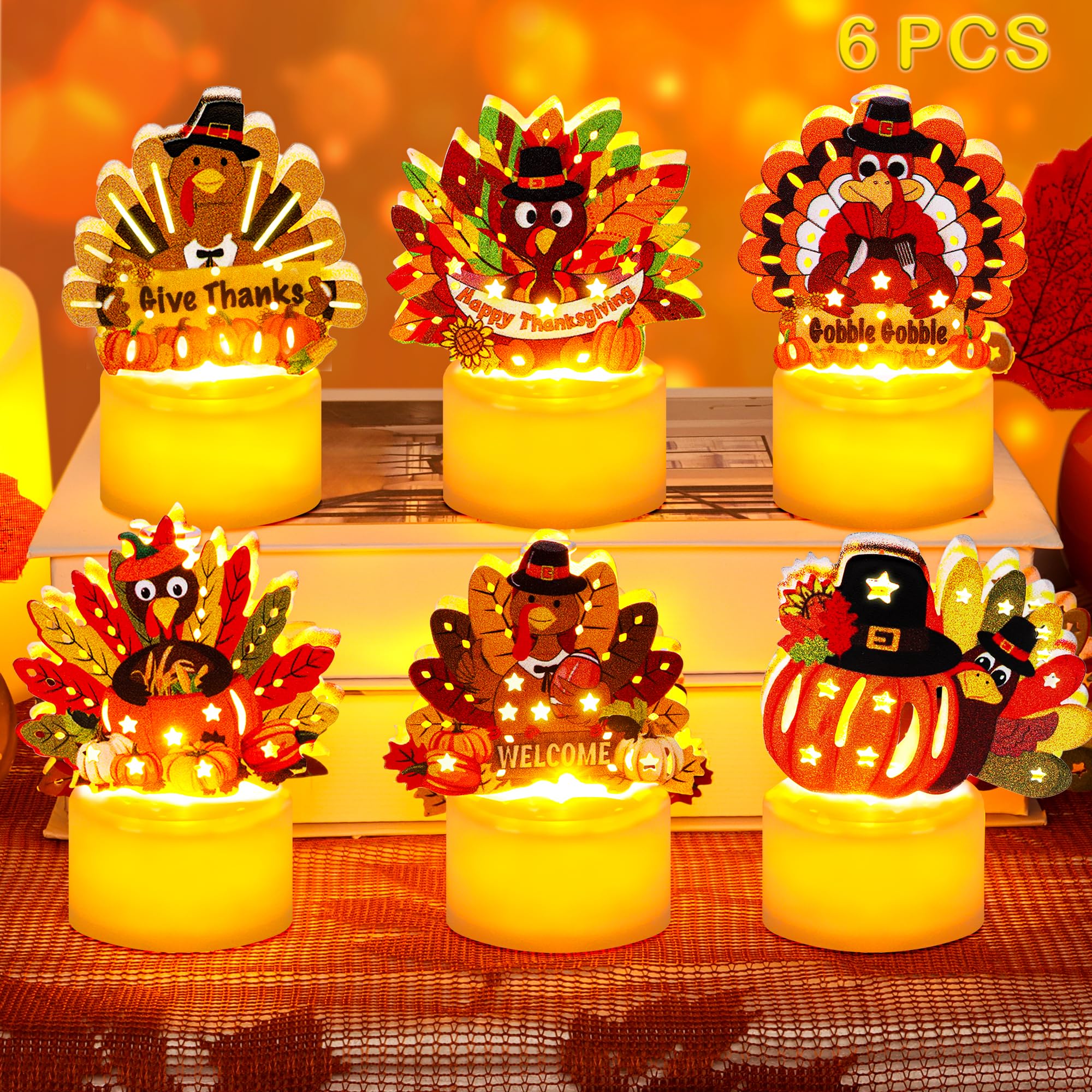 Photo 1 of 6 PCS Thanksgiving Table Decorations Turkey Tea Lights Candles, Battery Operated Thanksgiving LED Flameless Tealight Candles Thanksgiving Turkey Centerpieces Decorations for Home Indoor Kitchen Party