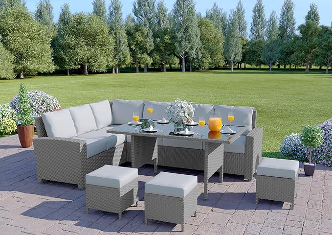 Abreo 9 Seater Corner Rattan Dining Set Garden Sofa Furniture Black