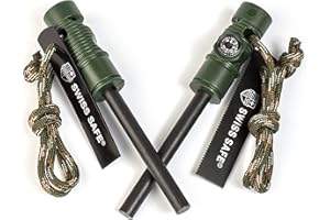 Swiss Safe 5-in-1 Magnesium Ferro Rod Fire Starter Survival Tool - Flint & Steel Striker, Compass, Paracord & Whistle - Emergency Kit for Backpacking, Camping, Hiking - All-Weather