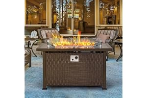 HOMREST 44in Outdoor Propane Gas Fire Pit Table, 50,000 BTU Auto-Ignition Gas Firepit with Glass Wind Guard, Black Tempered Glass Tabletop & Blue Glass Rock, Brown PE Rattan, CSA Certification