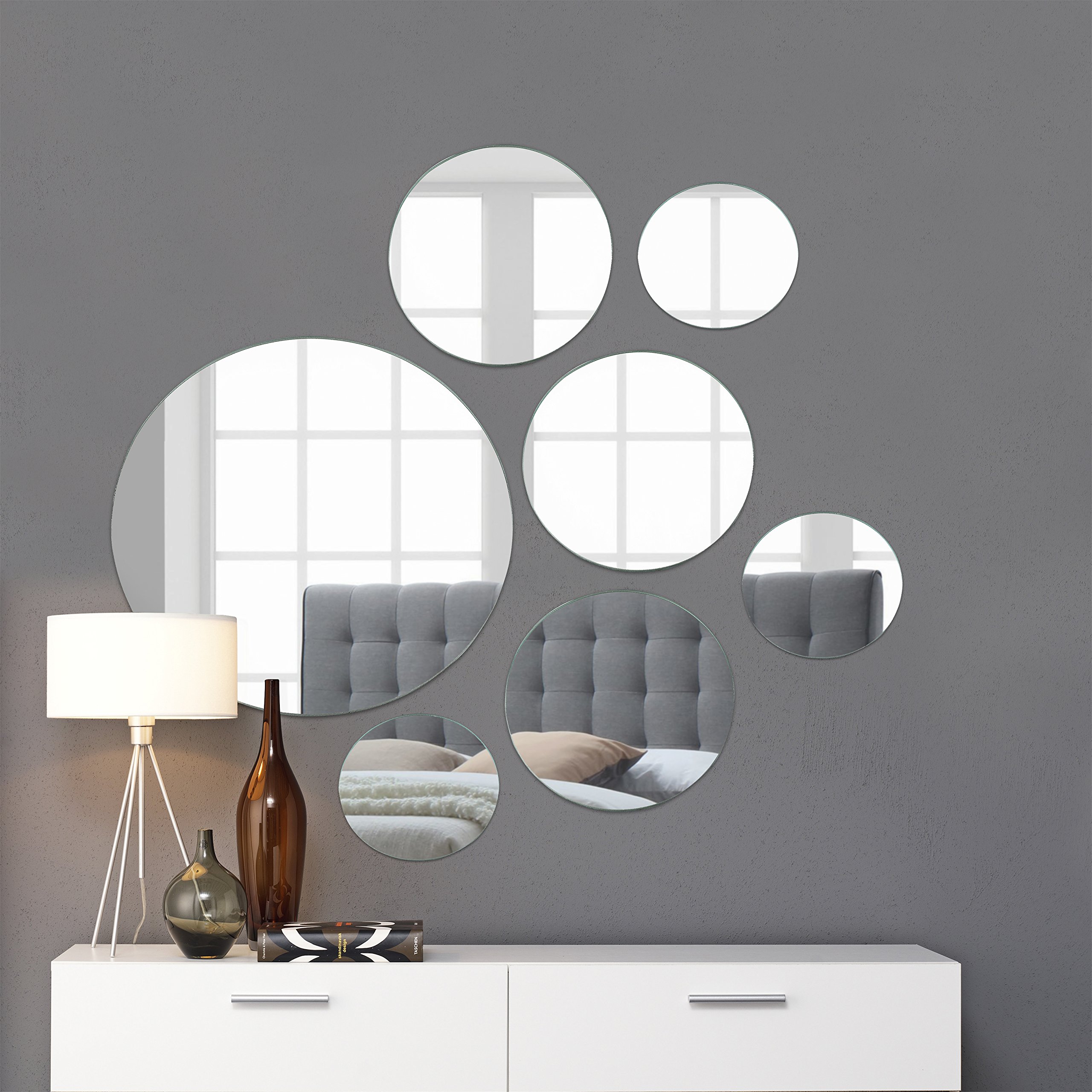 Photo 1 of Light In The Dark Medium Round Mirror Wall Mounted Assorted Sizes (1x10”, 3x7”, 3x4”) - Set of 7 Round Glass Mirrors Wall Decoration for Living Room, Bedroom or Bathroom.