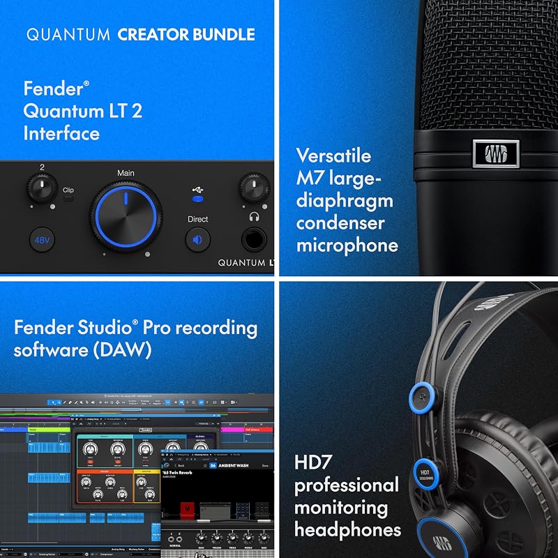 Quantum Creator Bundle | Kit de grabación casera con interfaz USB-C Quantum LT 2, micrófono condensador M7, auriculares HD7, cable XLR, soporte para micrófono y Fender Studio Pro.