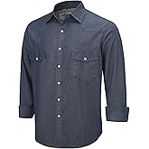 Pearl snap Men's Denim Shirts Long Sleeve Western Cowboy Button up Solid Work Cotton Shirts