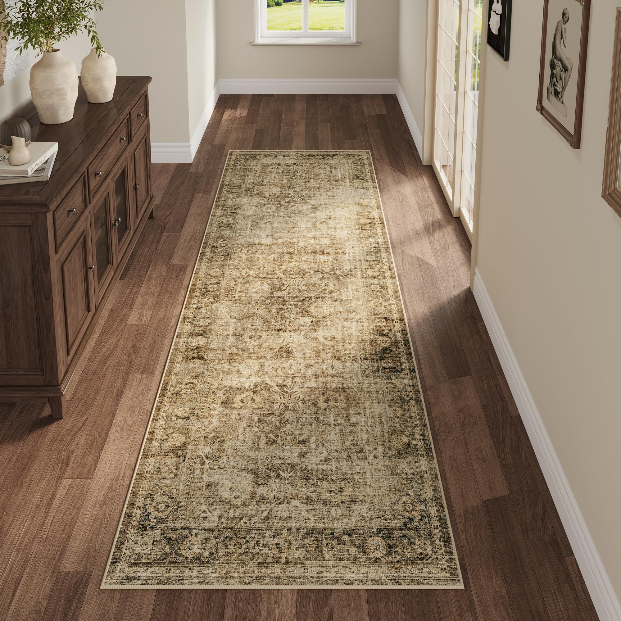 Photo 1 of Fmfunctex 2x6 Runner Rug Brown Vintage Neutral Washable Distressed Non Slip Low Pile Indoor Carpet Soft Retro Floral Hallway Entryway Rug for Kitchen Living Room Bedroom Bathroom Laundry Entry Bedside