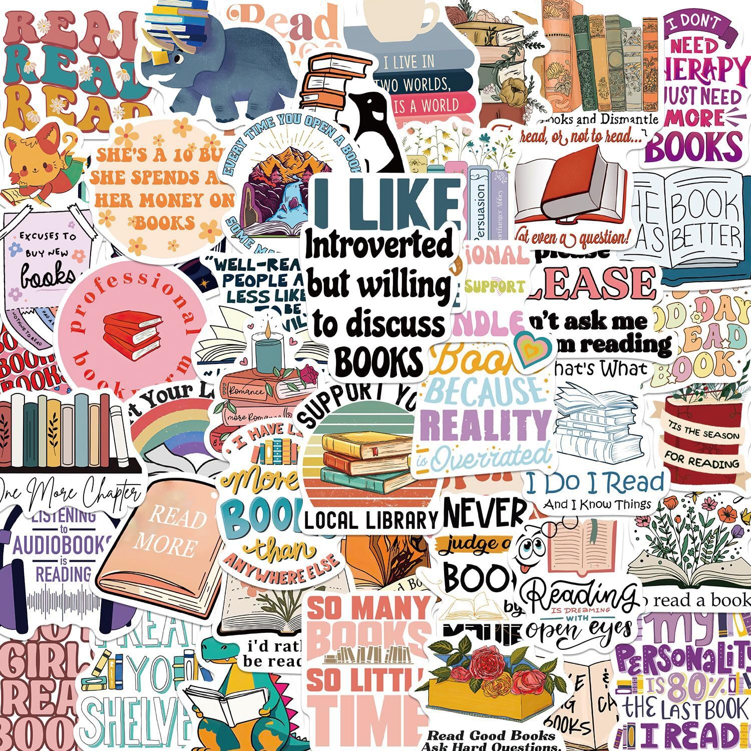 Cartoon Reading Stickers for Laptop (50 PCS),Gift for Children Teens Adults Girl Boys,Waterproof Stickers for Water Bottle,Reading Vinyl Stickers for Scrapbook,Skateboard,Bike,Phone,Dairy