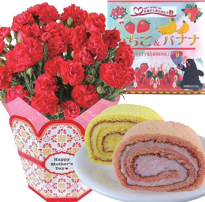 Amazon 花のギフト社 母の日 カーネーション 苺バナナ ロールケーキ 花とスイーツ 鉢花 プレゼント 5号鉢 花のギフト社 Hana No Gift Sha ケーキ 洋菓子 通販