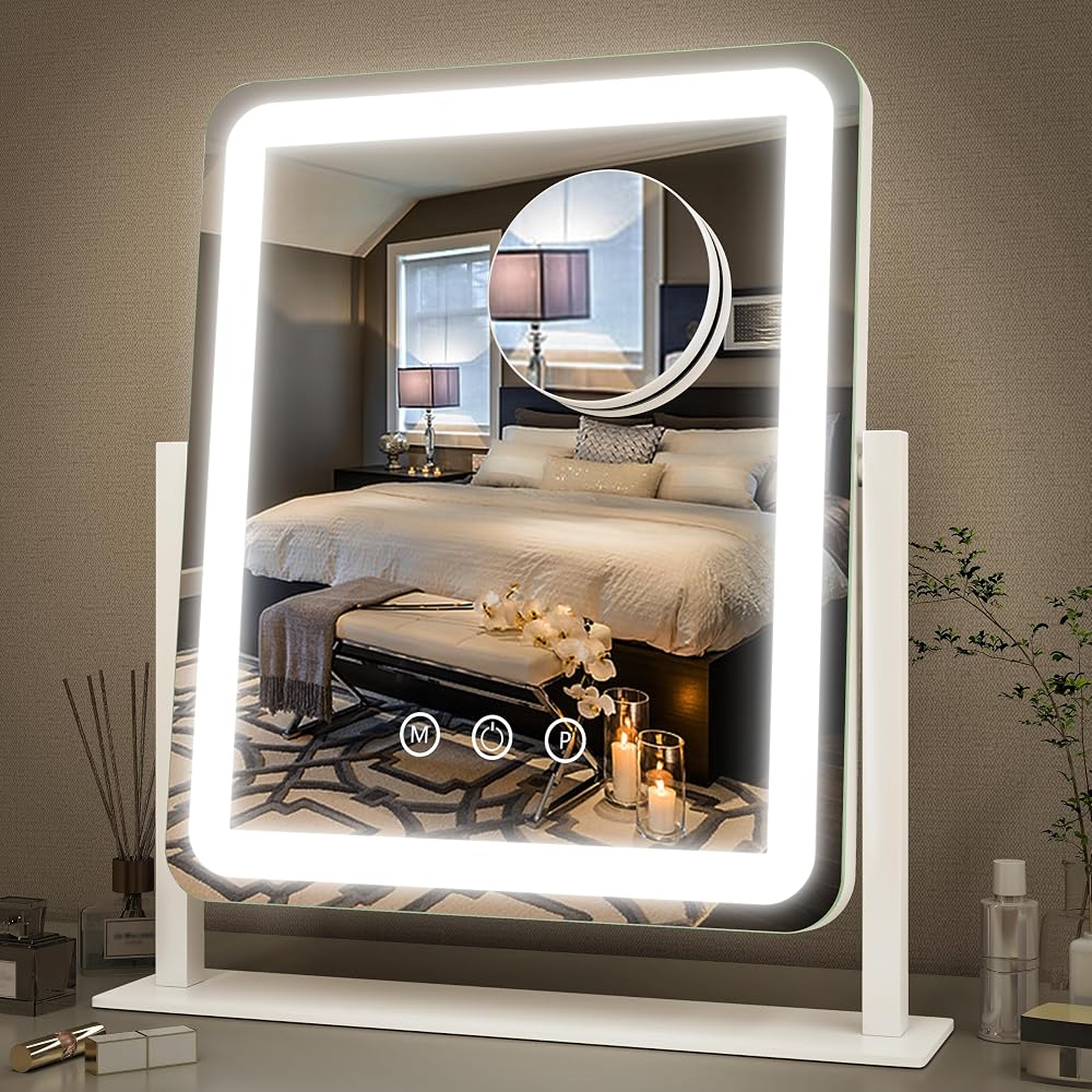 FENNIO Vanity Mirror with Lights - 15"x12.6" LED Lighted Makeup Mirror, Large Makeup Mirror with Lights, Touch Screen with 3-