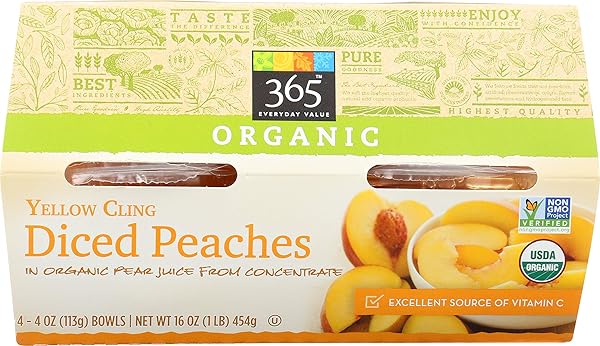 365 EVERYDAY VALUE, ORGANIC YELLOW CLING DICED PEACHES IN ORGANIC PEAR JUICE FROM CONCENTRATE, 4 OUNCE, 4 COUNT