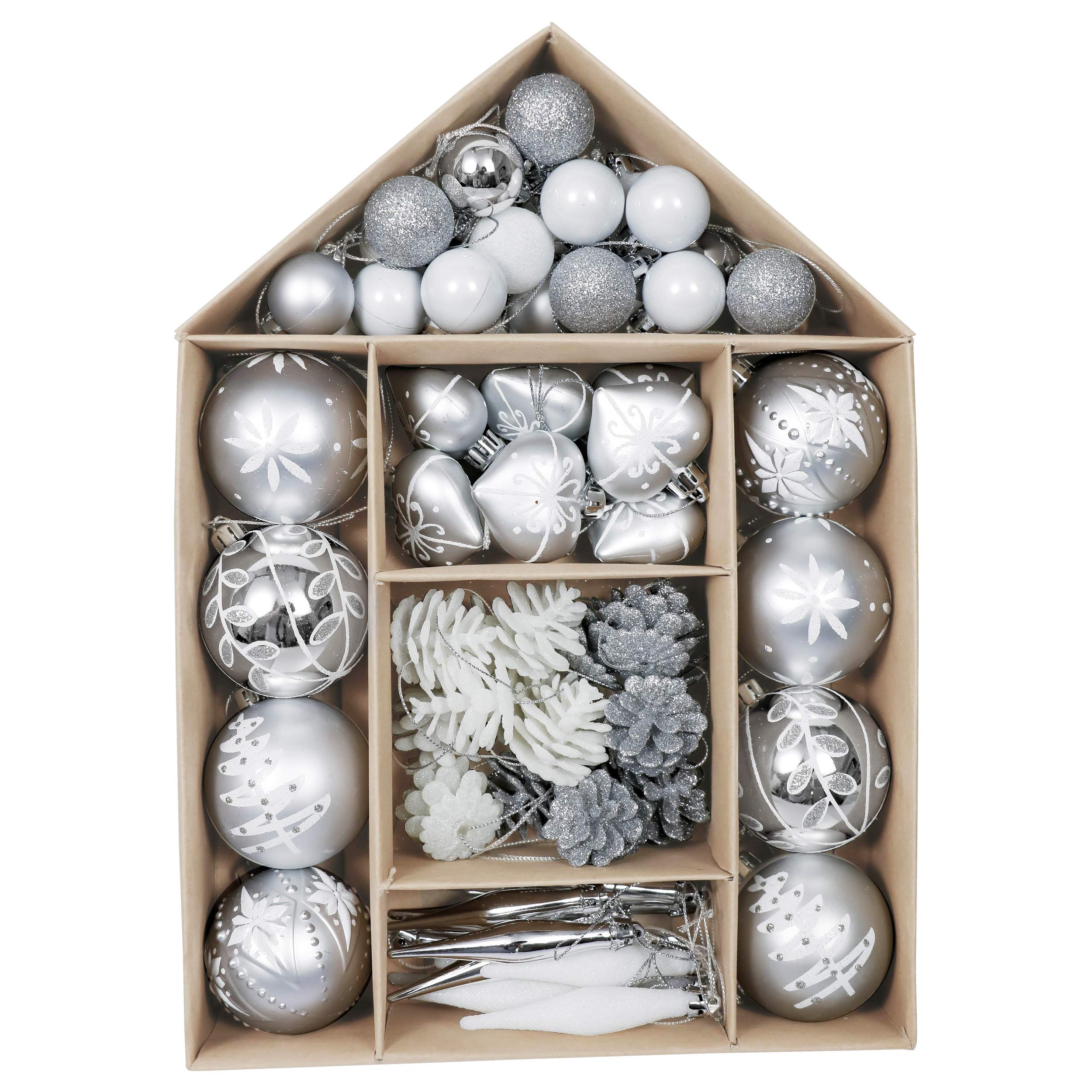 Victor's Workshop 70pcs Shatterproof Christmas Baubles Pack, Frozen Winter Silver and White Christmas Ball Ornaments for Tree Decoration