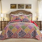 BEDIFANY Cotton Queen Quilt Set - Vintage Farmhouse Bedspread with Vibrant Floral Pattern, 3-Piece Lightweight Coverlet (90x98 Inch) + 2 Pillow Shams, All Seasons Multicolor Quilt Bedding Set