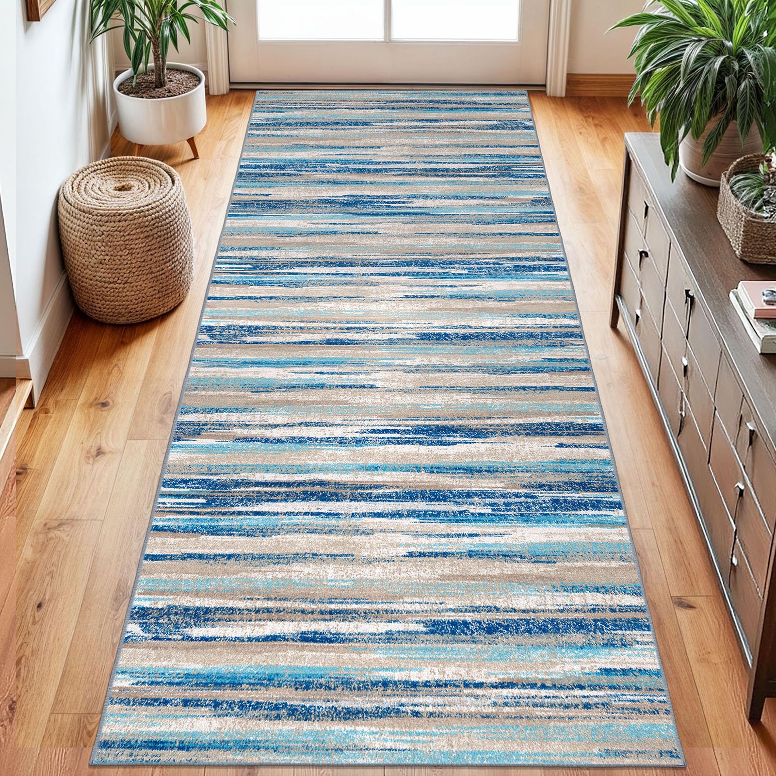 Photo 1 of Lansny Modern Abstract Runner Rug 2.6x8, Blue Washable Kitchen Runner Non-Slip Soft Hallway Rug Runner Thin Print Faux Wool Carpet for Entryway Bedroom Laundry Room Indoor Home Decor