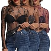 Huukeay 3 Pack mesh Long Sleeve Tops for Women lace Undershirt Mock Neck Sheer Blouse See Through Floral Clubwear Shirts
