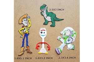 M I GENIUS CARTOON CHILD PATCHES Lot of 4 Woody Cartoon Movie Patch Forky Embroidered Iron on Patch T Rex Dinosaur Animal Children Kid Patch Clothes Bag T-Shirt Jeans Biker Badge Applique Iron on/Sew On Patch
