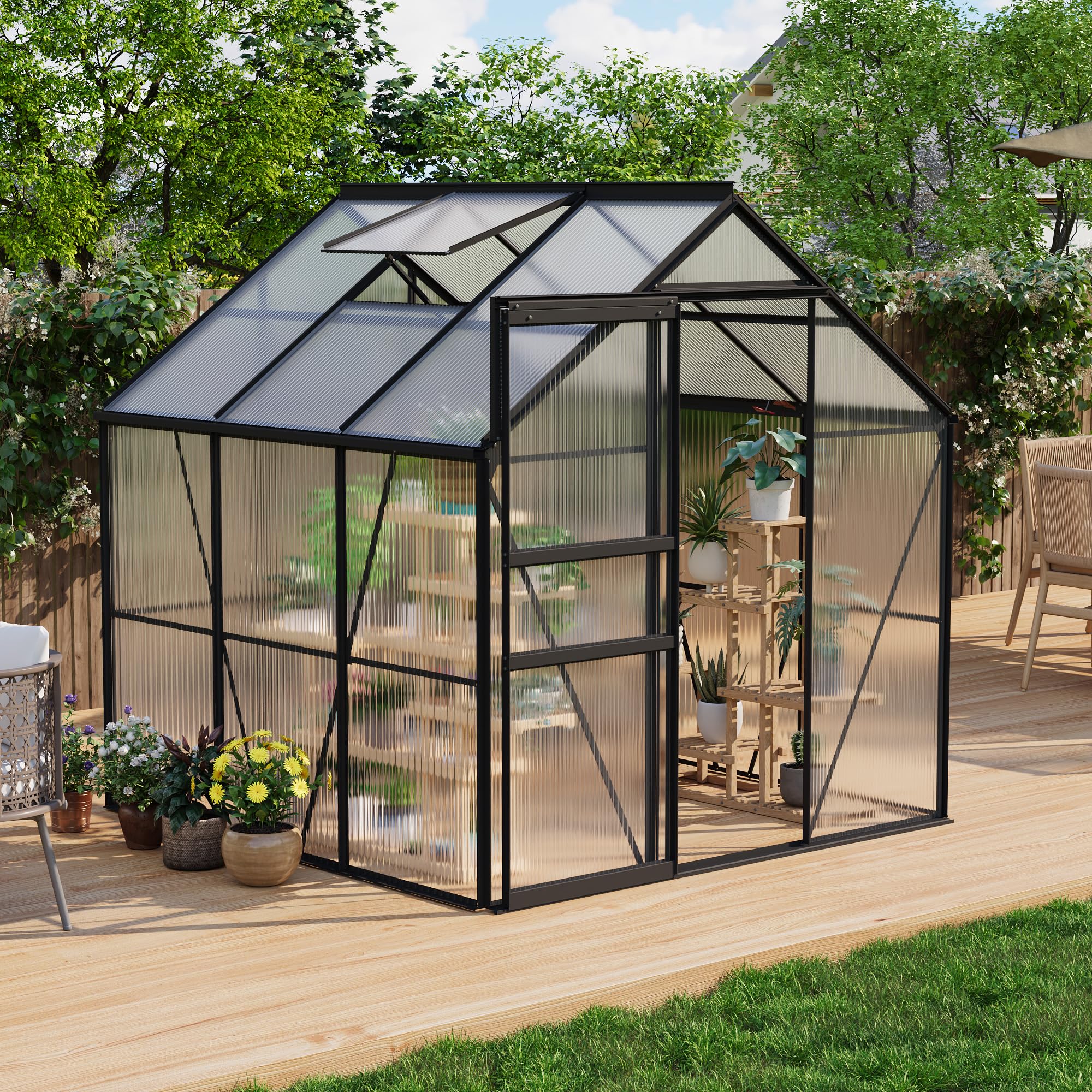 Photo 1 of CABIHOME 6 x 6 FT Greenhouses for Outside, Polycarbonate Greenhouse with Aluminum Frame, Sliding Door, Adjustable Roof Vent, Backyard Green Houses, Patio Garden, Black