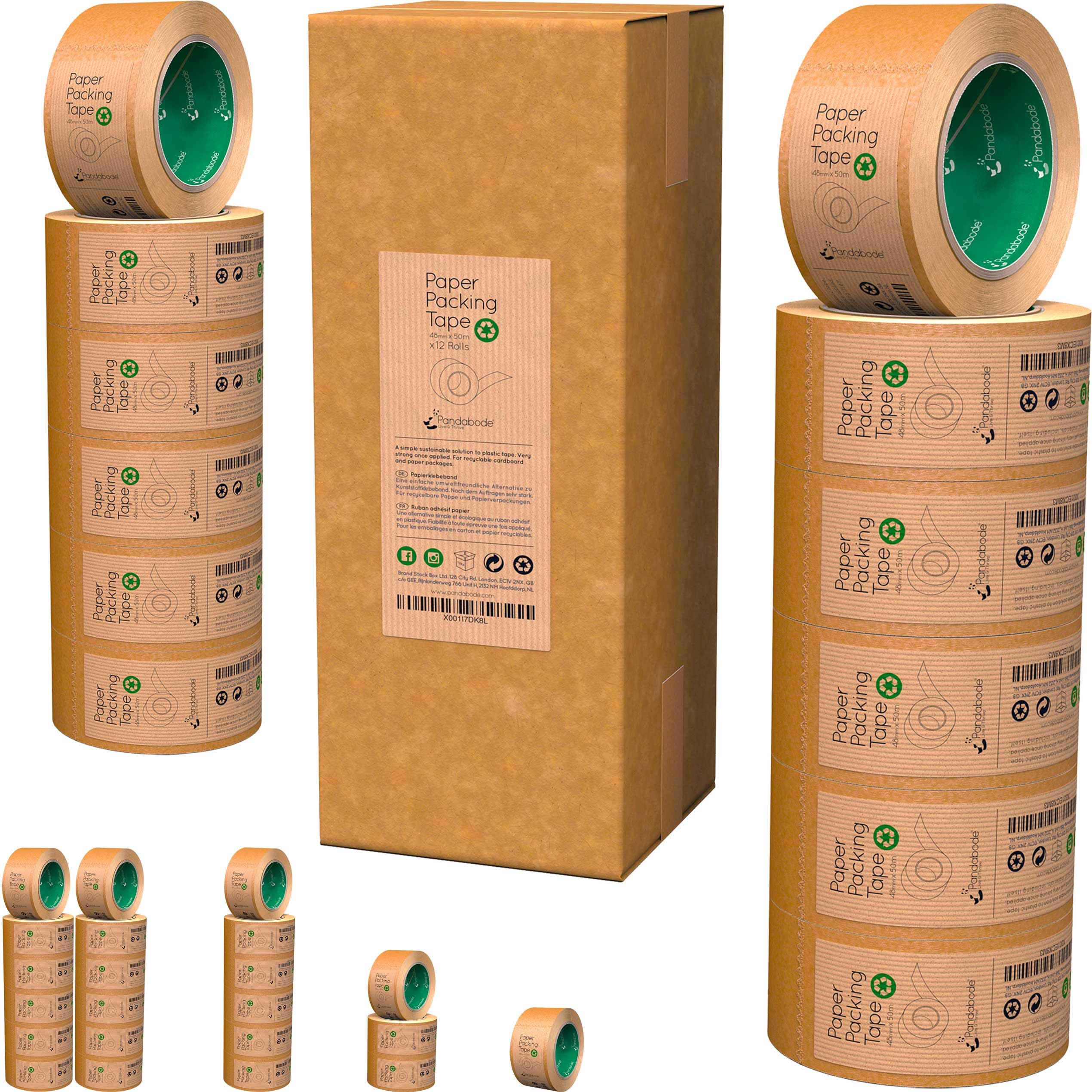 Pandabode Kraft Paper Packing Tape 48mm x 50m | Brown Paper Tape for Strong Parcel Packaging | 1/3/6/12 Pack | Recyclable & Eco Friendly (12)