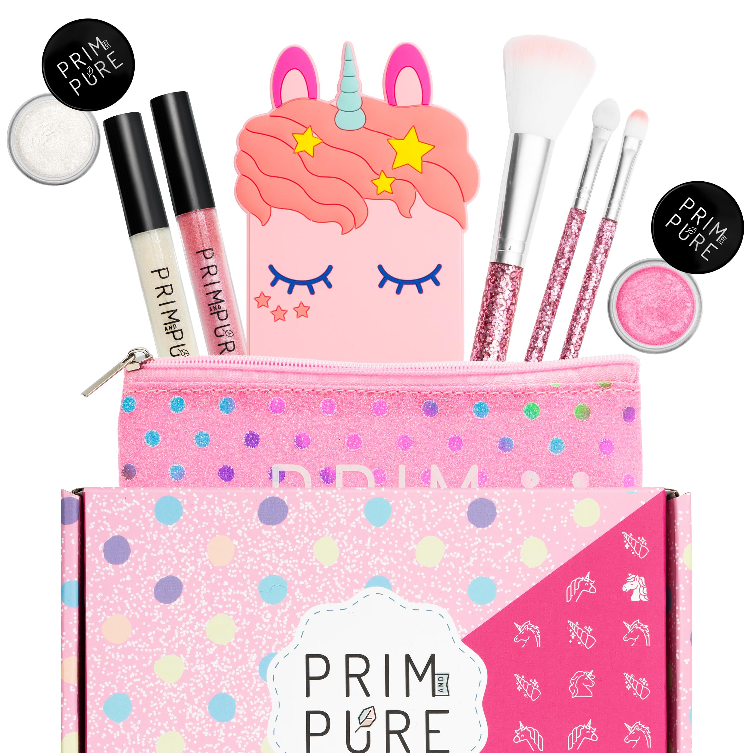Prim and Pure Mineral Gift Set with Unicorn Mirror| Perfect for Play Dates & Birthday Parties | Kids Eyeshadow Makeup – Mineral | Organic & Natural Makeup Kit for Kids| Made in USA (Pink)