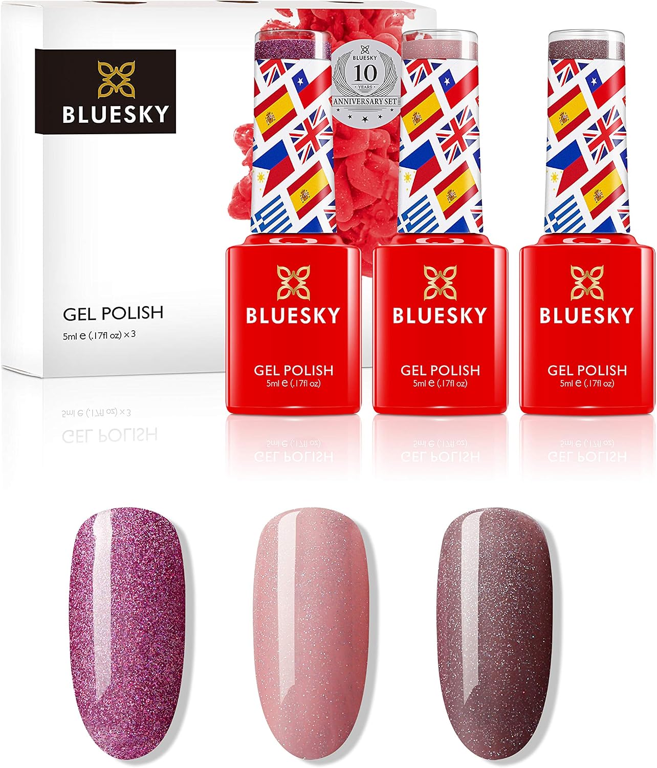 Bluesky Gel Nail Polish Set, 10 Year Anniversary - Full Collection. 9 x 5ml. Pink, Purple, Red, Mauve, Nude, Pastel, Fine Glitter (Requires curing under UV/LED Lamp) - Image 5