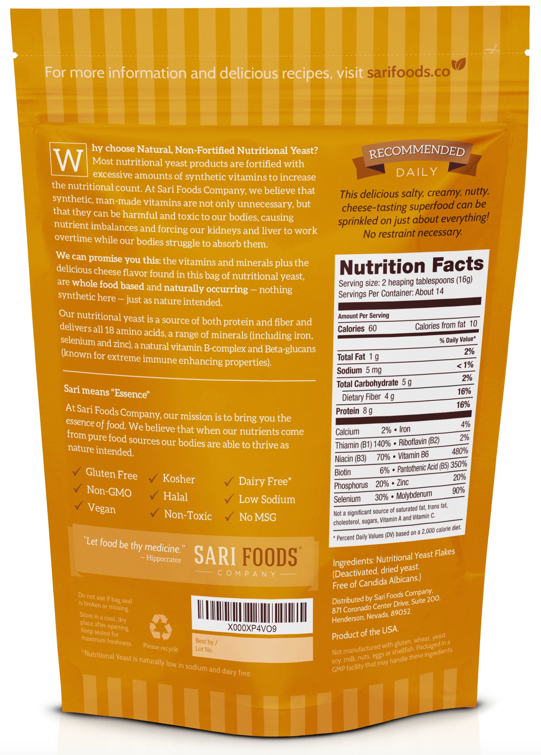 Pure Natural Nonfortified Nutritional Yeast Flakes, 8 oz. Whole food