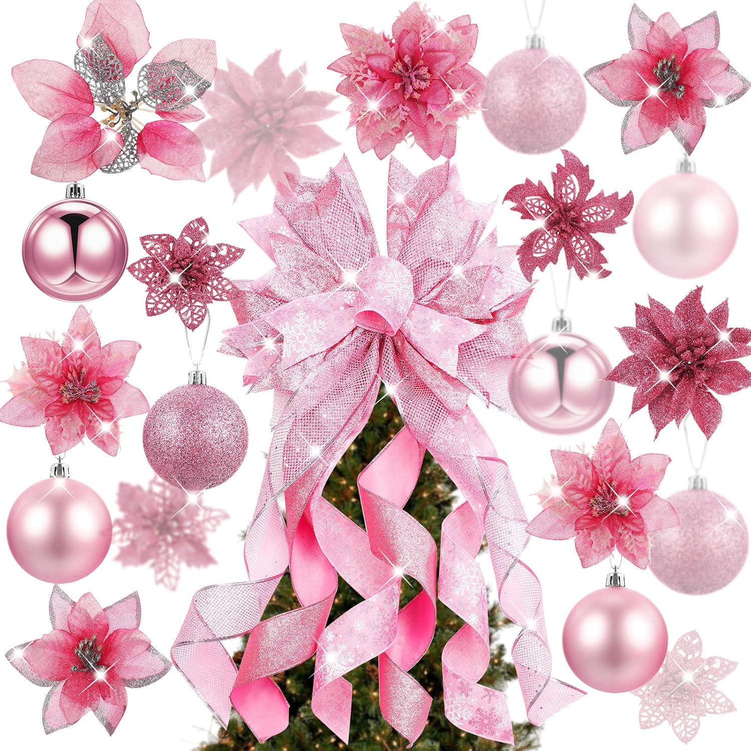 Tree Toppers - Youyole Christmas Tree Decorating Set Includes 37 Pcs Poinsettia Glitter Flowers with Clip, Christmas Ball, Christmas Tree Topper Bow for Christmas Home Decoration (Pink)