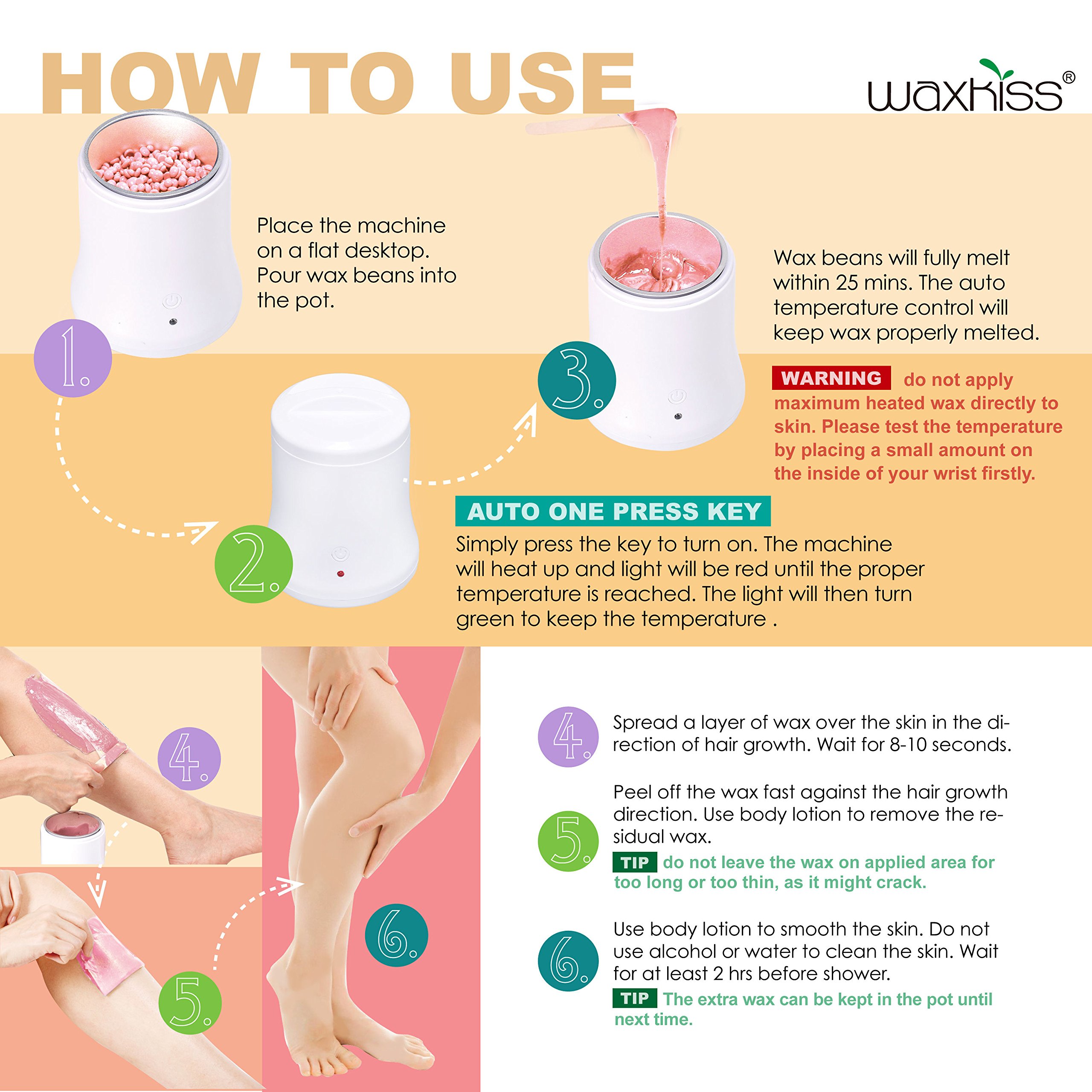 [ 2018 Upgrade Version ] Waxkiss Mini Wax Warmer Kit 7oz Hair Removal Wax Heater Kit One Key Control with Hard Wax Beans for Woman & Man Wax Kit (1 Wax Warmer & 2 Bags Wax Beans & 10 Wooden Sticks)