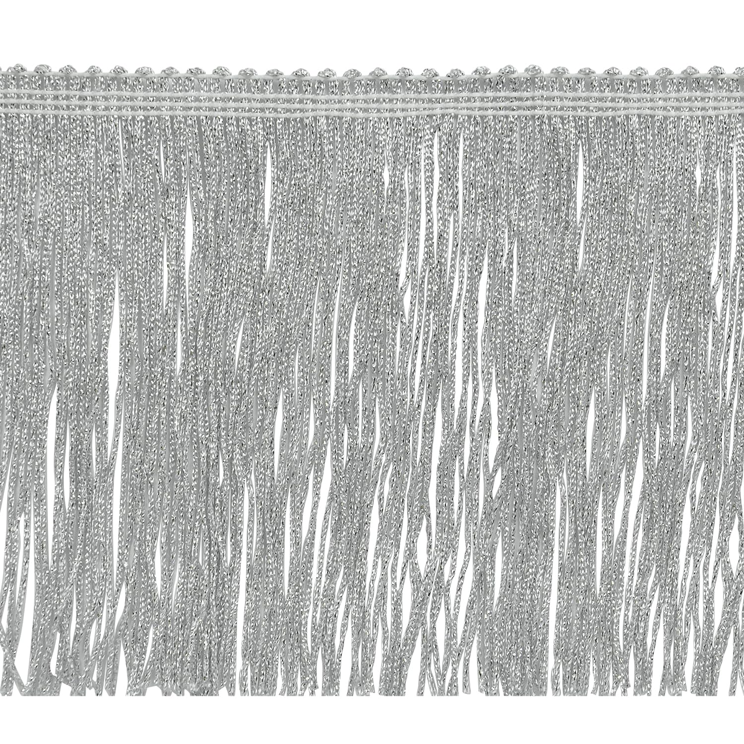Trims By The Yard 6″ Metallic Chainette Fringe Trim, Polyester-Made Decorative Fringe Trim, Versatile Fringes for Costumes, Uniforms, Home Decor, and Party Decorations, 5 Yards, Silver