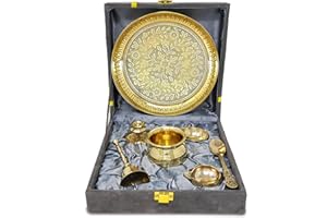 BENGALEN Brass Pooja Thali Set with Grey Gift Box 6 Inch Pital Plate Kalash Spoon Chandan Wati Dhup Dan Kuber Diya Ghanti Puja Arti Thali for Diwali Home Office Mandir Wedding Return Gifts