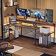 Bestier 71.5 inch Computer Desk with Power Outlets, L Shaped LED Home Office Desk with Long Monitor Stand, Large Corner Desk with Storage Shelf, Cup Holder & Headset Hooks, Modern Simple Table