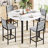 AWQM Round Dining Table Set for 4, Gray Hand-Woven Velvet Bar Stools(White) | Counter Height Round Kitchen Table and Chairs, Easy to Assemble &amp; Clean, Apartments, Kitchen,Dining Room,Breakfast Nook