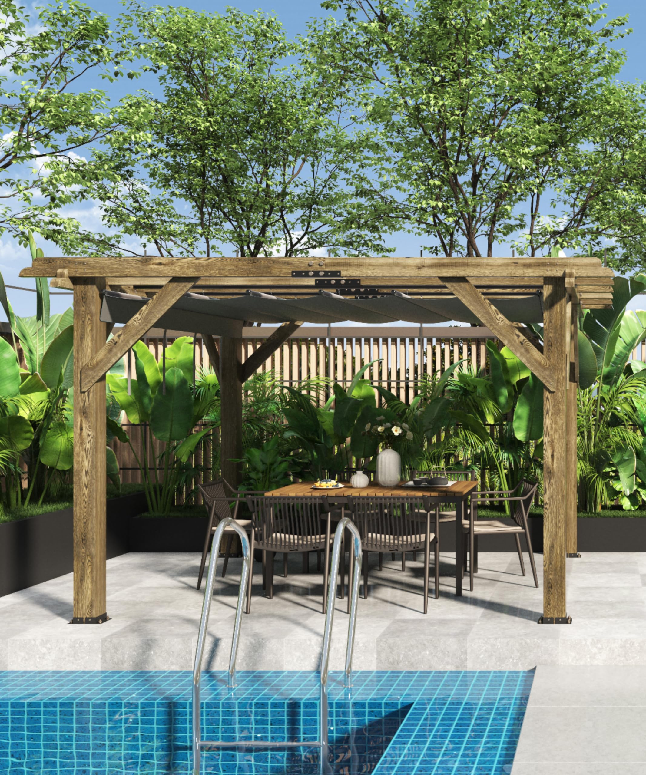Photo 1 of *** missing boxes, partial set*** Perbyste 10'X 12' Outdoor Pergola, Wood Pergola with Retractable Shade Canopy for Backyards, Gardens, Patios, Deck - Charcoal Gray