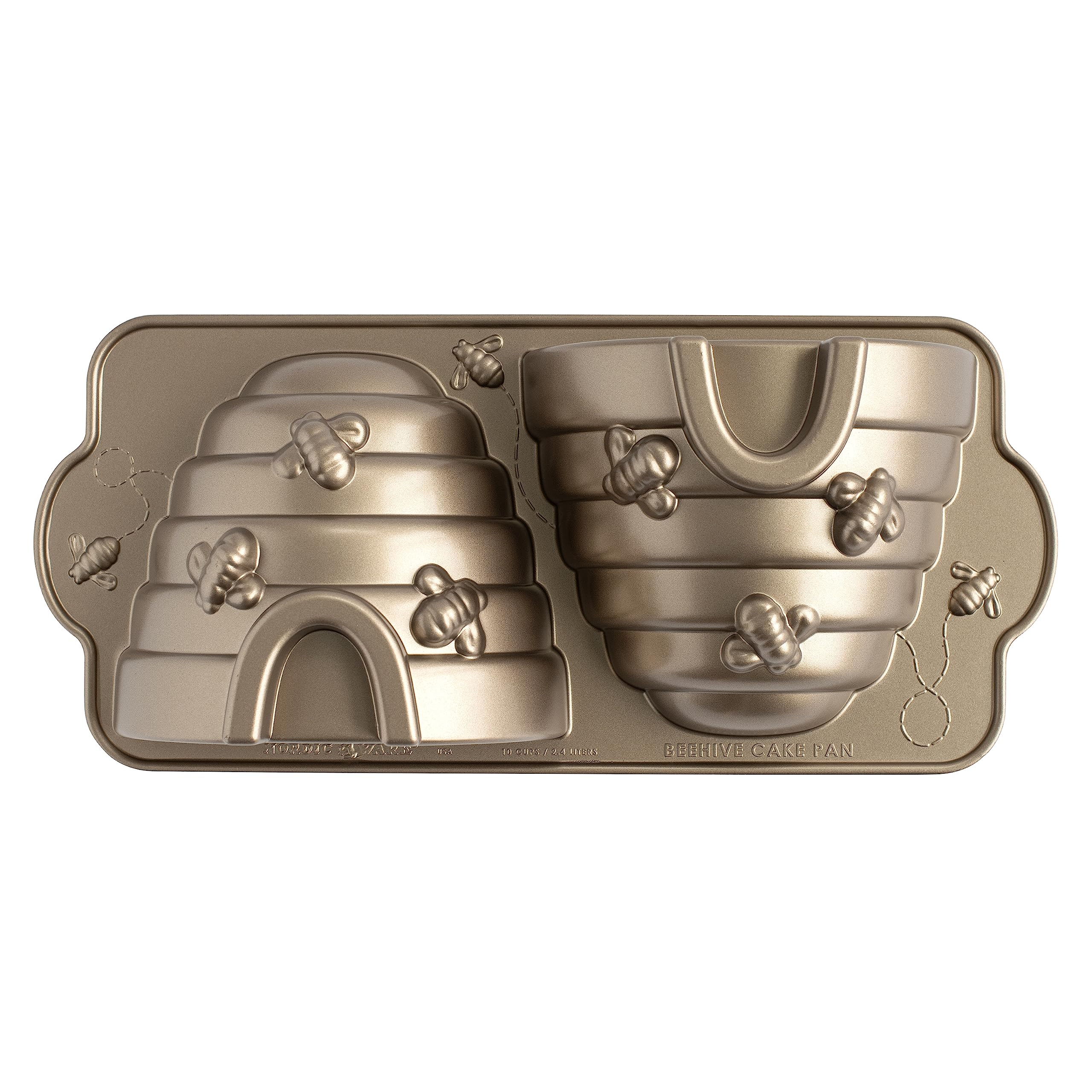 Nordic Ware Beehive Cake Pan, 3D Cast Aluminium Bundt Tin, Bundt Cake Tin with Honey Bee Pattern, Premium Cake Mould Made in The USA, Colour: Gold, 10 Cup Capacity, one Size