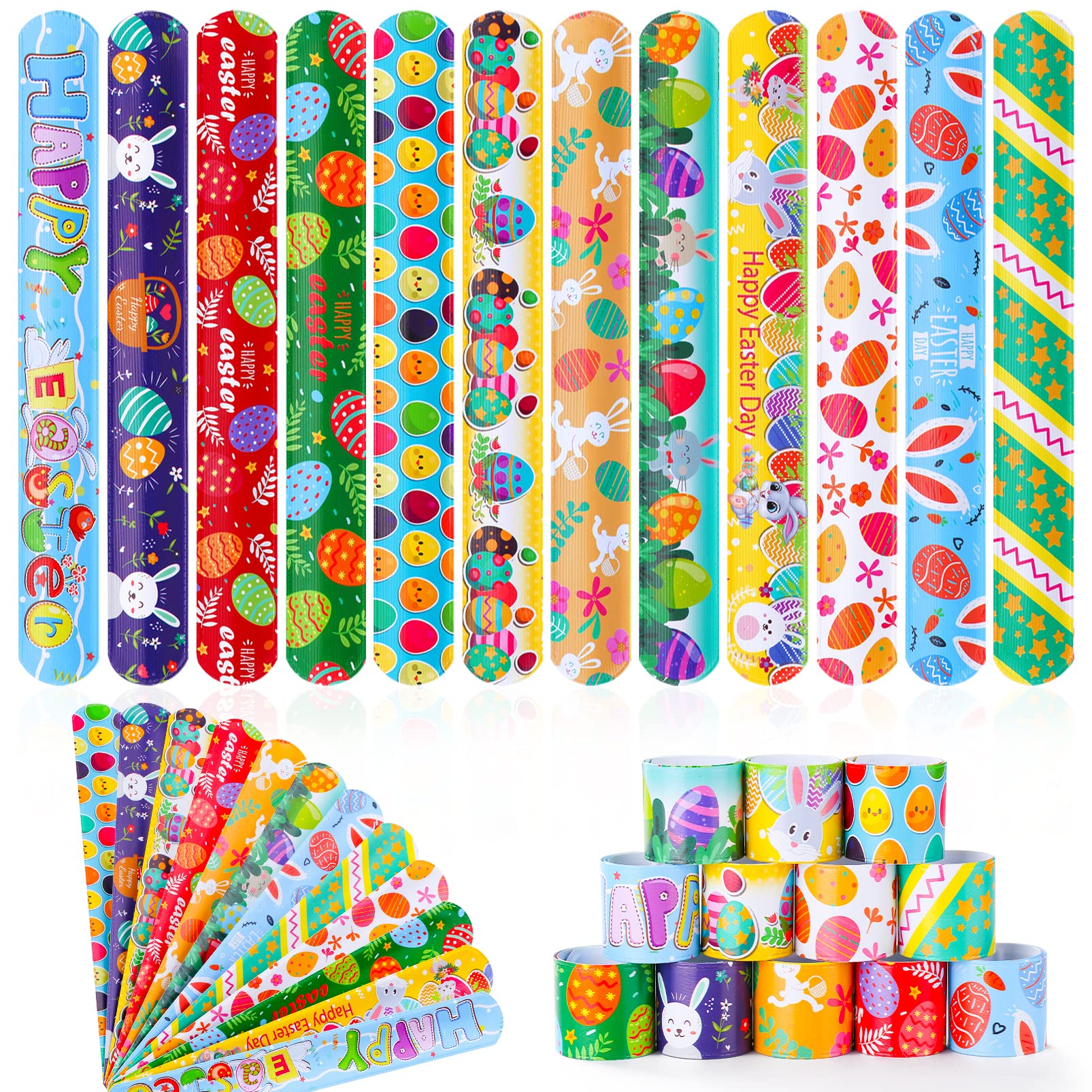 GlyinnHe 48Pcs Easter Slap Bracelets, Easter Snap Bracelet Bunny Egg Wrisrtband for Easter Party Favors Basket Bag Filler School Prizes Birthday Gifts