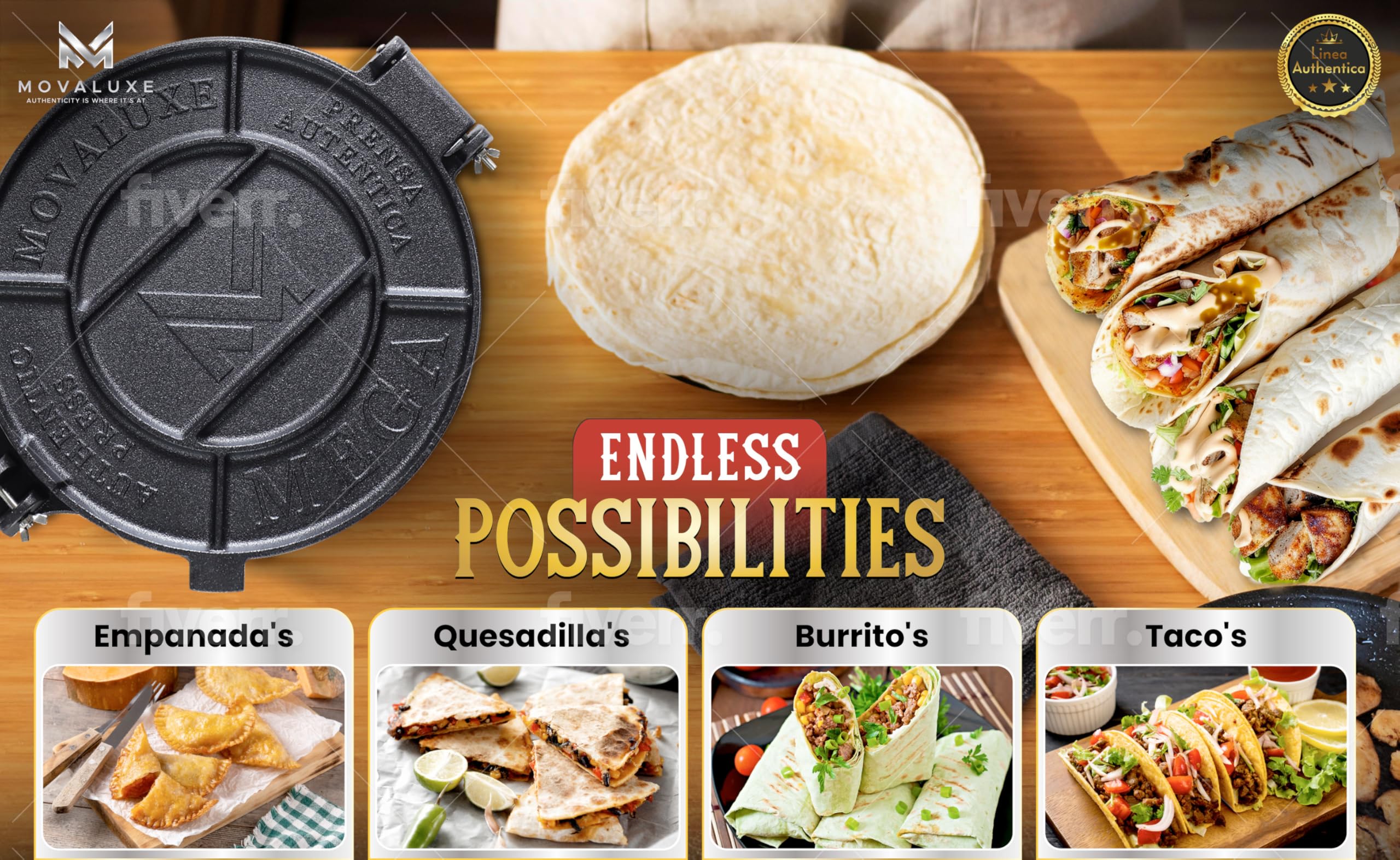 MOVALUXE® - Tortilla Press 12 inch Cast Iron Tortillas Maker. A Gift Set with a Warmer Pouch, 6 Taco Holders, Parchment Paper, Rubber Mat and Recipe E-book. The Perfect Roti, Chapati Dough Press