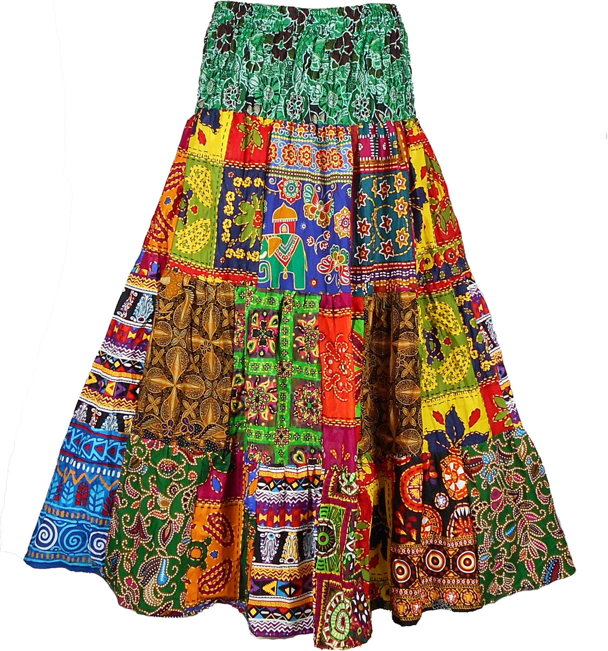 BONYA Women's Hippie Boho Colorful Patchwork Smocked Stretch Waist Tiered Long Skirt (Color32)