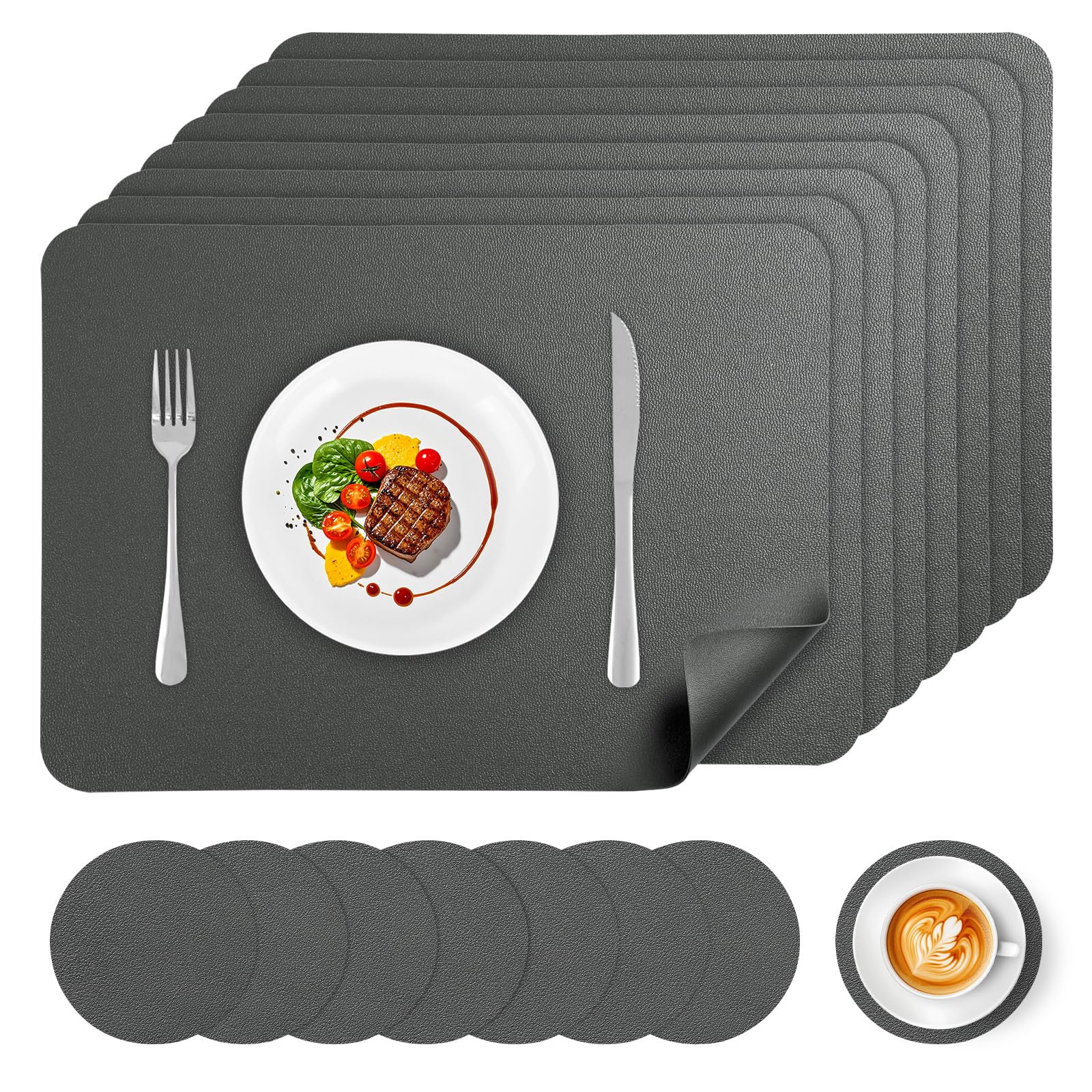 APLKER Placemats and Coaster Sets 8, Faux Leather Waterproof Dual-Sided Table Mats Non-Slip Washable Place Mats for Home Kitchen Restaurant, 16.9 x 11.8 inch (Grey)