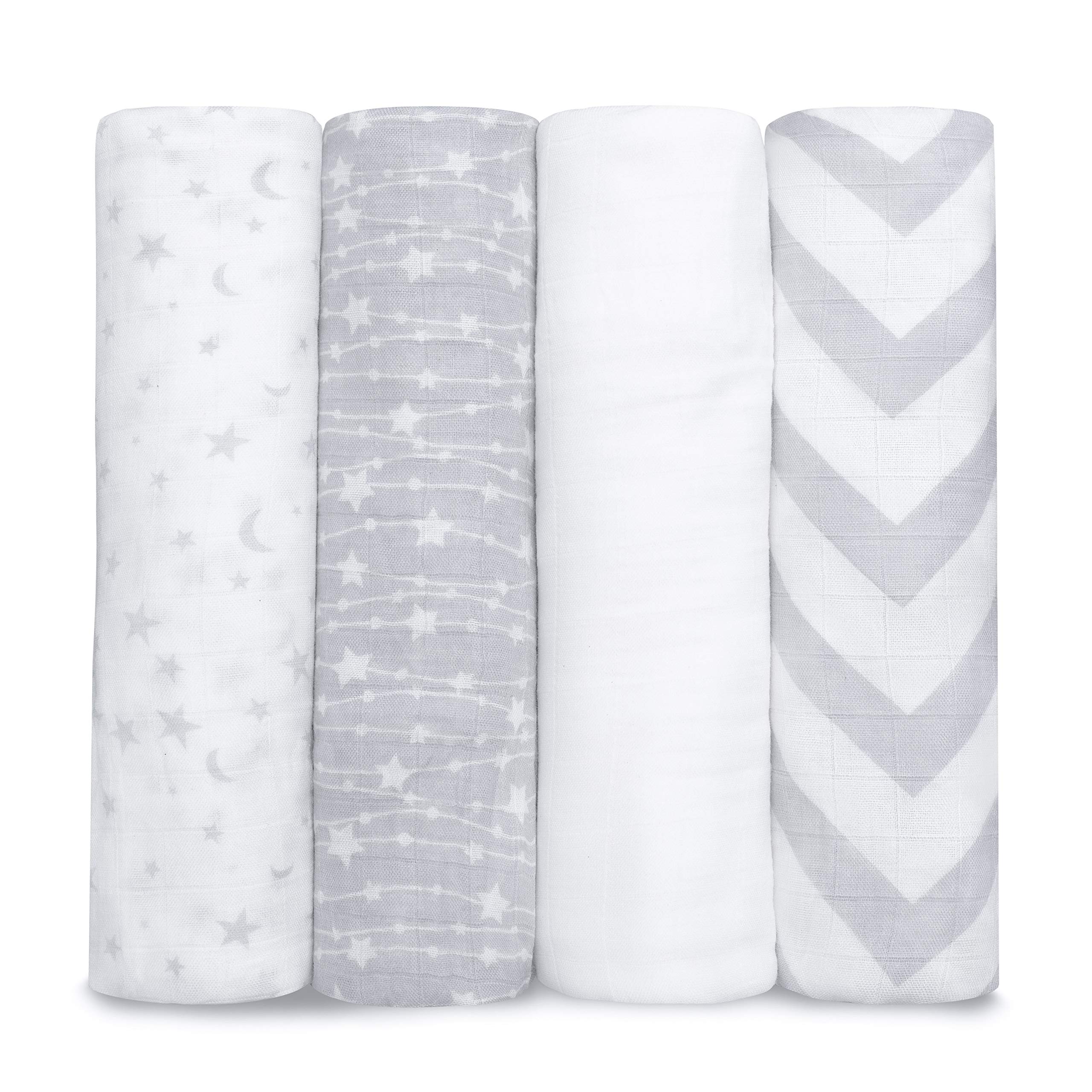 Comfy Cubs Muslin Swaddle Blankets Pack of 4-119 x 119 cm, Soft Cotton Baby Blanket Set, Large Swaddling Wraps for Newborns - Self-Soothing Baby Swaddle - Grey