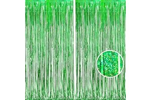 BRAVESHINE Green Metallic Tinsel Foil Fringe Curtains - 2 Pack 3.2 x 8.2 ft Metallic Photo Backdrop for Graduates-Theme/St Patricks Day/Hawaiian/Luau/Dinosaur/Jungle-Theme/Christmas Party Decorations