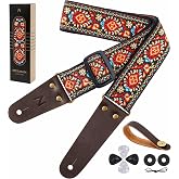 Nefelibata Guitar Strap, Embroidered Cotton Guitar Straps with Head Cowhide Leather Ends for Bass, Electric &amp; Acoustic Guitars, with Free Strap Button, 1 Pair Strap Locks and 4 Guitar Picks (Saffron)
