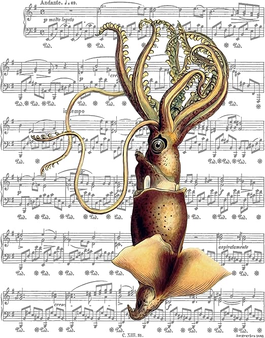 Amazon Com Tom Hawkins Photography Victorian Era Art Giant Squid Kraken Original 1800 S Illustration Giclee Print On Sheet Music Artwork 8x10 Posters Prints