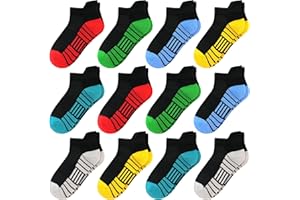 SPTRAMLE 12 Pairs Boys Socks, Athletic Socks for Boys Ankle Sock Cotton Running Sock with Tab for Kids 1-14 Years