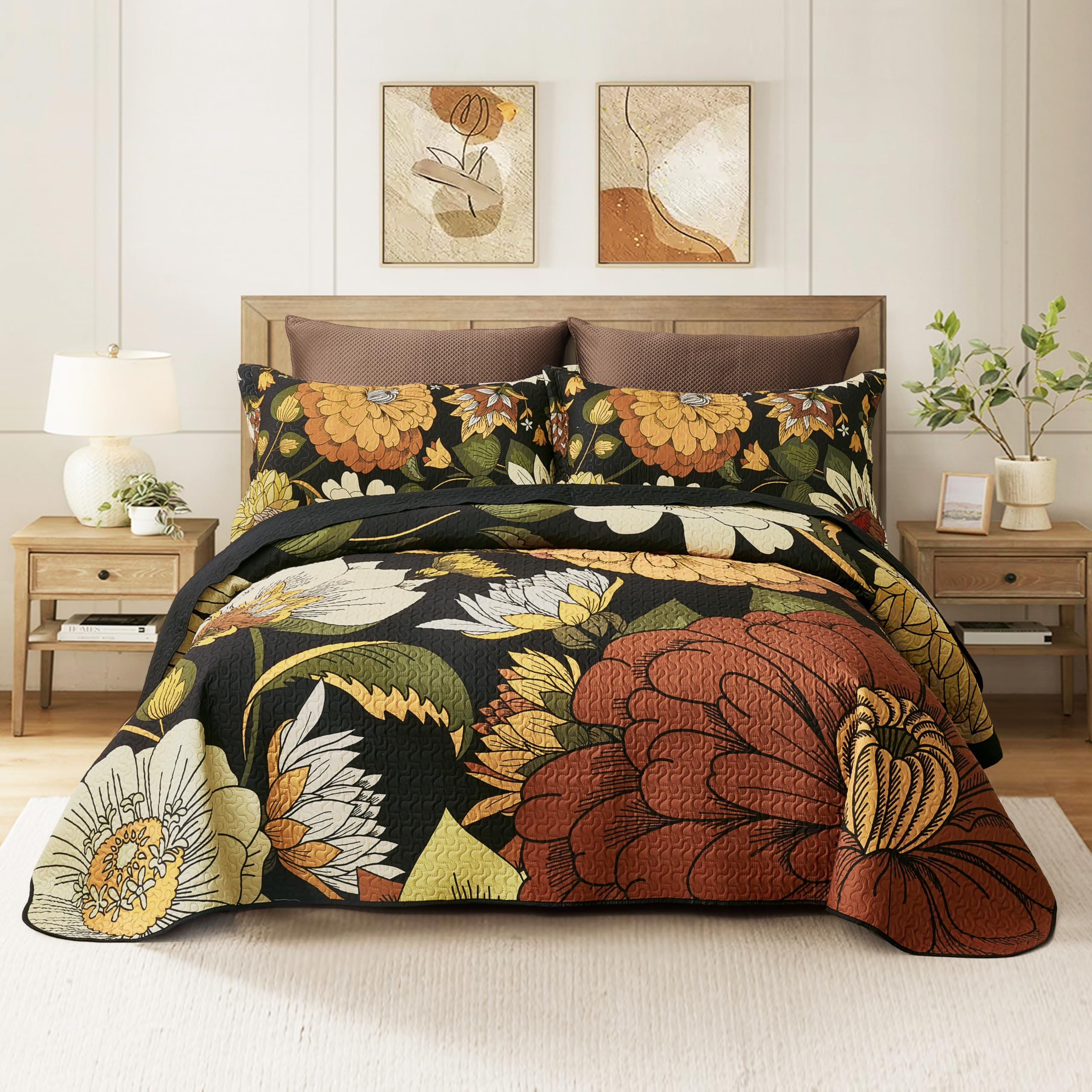 Photo 1 of Tyrot 3 Piece Black Boho Floral Full/Queen Quilt Sets Reversible Farmhouse Botanical Lightweight Bedspread Coverlet with 2 Shams Mid Century Microfiber Fall Bedding Quilts Set for All Season,90''x96''