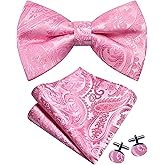 GUSLESON Mens Paisley Pre-Tied Bow Tie Handkerchief Jacquard Woven Adjustable Bowties Pocket Square Cufflinks Set